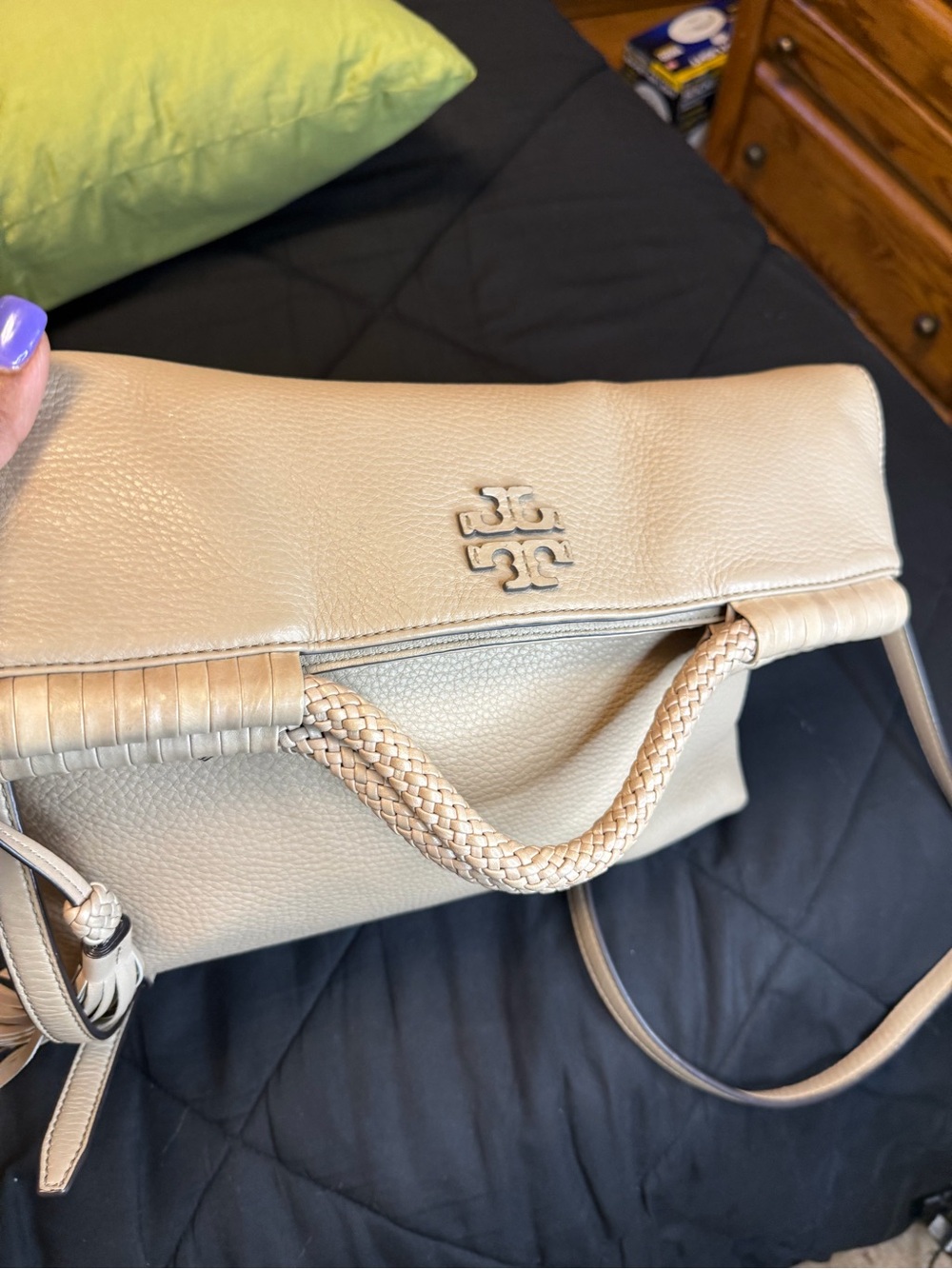 Tory Burch Marion Fold-Over Crossbody Bag | Pebbled Leather | Light Beige/Taupe - Picture 13 of 15